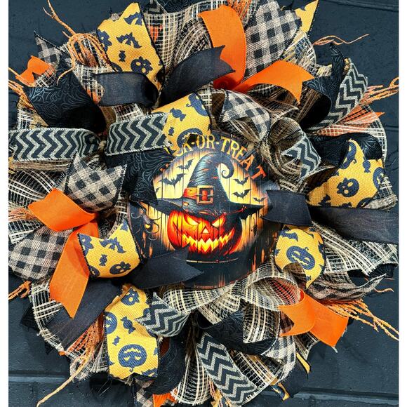 Halloween Wreath For Front Door Spooky Pumpkin  Orange and Black Handmade 26 in - Picture 3 of 7